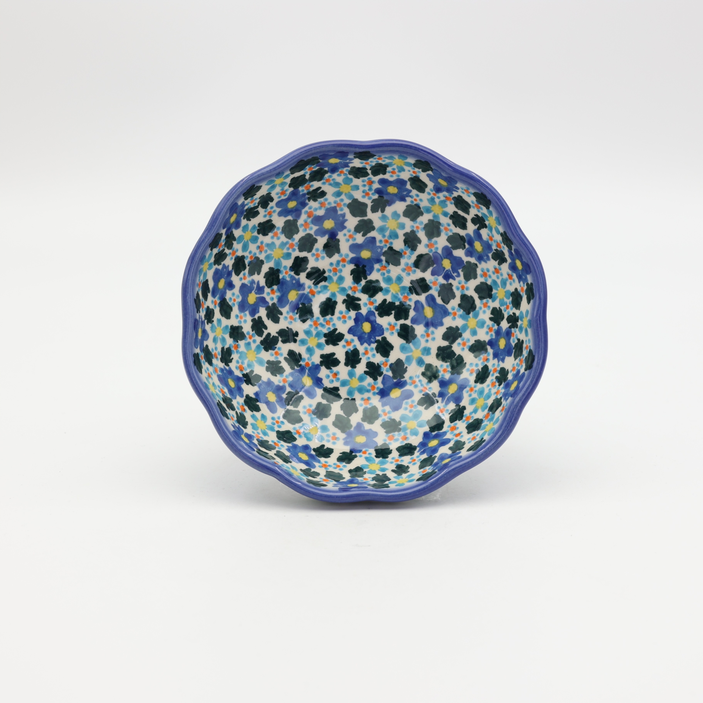 Flower bowl II A267 D134 – hand-painted Bolesławiec pottery in a decorative flower shape with a traditional blue pattern, perfect for desserts, fruits, and snacks.